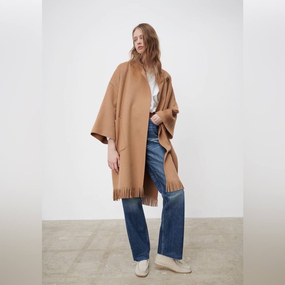 Zara WOOL BLEND FRINGED CAPE COAT